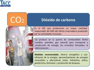 CO2 Dióxido de carbono
Es el GEI que producimos en mayor cantidad,
responsable del 64% del efecto invernadero producido
por las actividades humanas
Se produce en la quema de combustibles fósiles
(carbón, petróleo, gas natural) para transporte y
producción de energía, los incendios forestales, la
deforestación…
Medidas recomendada: Ahorro energético y uso
eficiente de la energía, aprovechamiento de energías
renovables y alternativas (solar, hidráulica, eólica,
geotérmica, biomasa) y protección de bosques.
 
