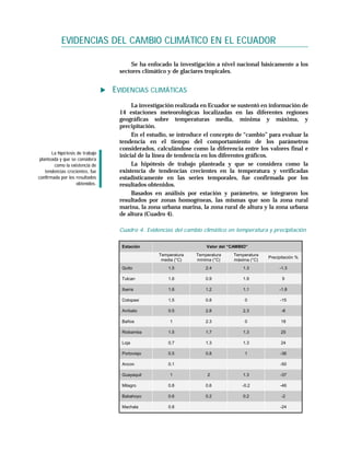 EVIDENCIAS DEL CAMBIO CLIMÁTICO EN EL ECUADOR

                                       Se ha enfocado la investigación a nivel nacional básicamente a los
                                   sectores climático y de glaciares tropicales.


                                  EVIDENCIAS CLIMÁTICAS
                                        La investigación realizada en Ecuador se sustentó en información de
                                   14 estaciones meteorológicas localizadas en las diferentes regiones
                                   geográficas sobre temperaturas media, mínima y máxima, y
                                   precipitación.
                                        En el estudio, se introduce el concepto de “cambio” para evaluar la
                                   tendencia en el tiempo del comportamiento de los parámetros
                                   considerados, calculándose como la diferencia entre los valores final e
       La hipó tesis de trabajo
                                   inicial de la línea de tendencia en los diferentes gráficos.
 planteada y que se considera
        como la existencia de           La hipótesis de trabajo planteada y que se considera como la
    tendencias crecientes, fue     existencia de tendencias crecientes en la temperatura y verificadas
confirmada por los resultados      estadísticamente en las series temporales, fue confirmada por los
                     obtenidos.    resultados obtenidos.
                                        Basados en análisis por estación y parámetro, se integraron los
                                   resultados por zonas homogéneas, las mismas que son la zona rural
                                   marina, la zona urbana marina, la zona rural de altura y la zona urbana
                                   de altura (Cuadro 4).

                                   Cuadro 4. Evidencias del cambio climático en temperatura y precipitación


                                    Estación                        Valor del “CAMBIO”
                                                  Temperatura   Temperatura    Temperatura
                                                                                             Precipitación %
                                                   media (°C)   mínima (°C)    máxima (°C)
                                    Quito             1.5           2.4            1.3            -1.3

                                    Tulcan            1.6           0.9            1.9             9

                                    Ibarra            1.6           1.2            1.1            -1.8

                                    Cotopaxi          1.5           0.8             0             -15

                                    Ambato            0.5           2.8            2.3             -8

                                    Baños             1             2.3             0              18

                                    Riobamba          1.5           1.7            1.3             25

                                    Loja              0.7           1.3            1.3             24

                                    Portoviejo        0.5           0.8             1             -36

                                    Ancon             0.1                                         -50

                                    Guayaquil         1             2              1.3            -37

                                    Milagro           0.8           0.6            -0.2           -46

                                    Babahoyo          0.6           0.2            0.2             -2

                                    Machala           0.8                                         -24
 