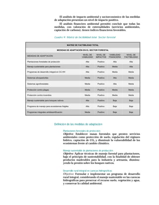 El análisis de impacto ambiental y socioeconómico de las medidas
                              de adaptación presentan un nivel de impacto positivo.
                                  El análisis financiero ambiental permitió concluir que todas las
                              medidas, con valoración de externalidades (servicios ambientales,
                              captación de carbono), tienen índices financieros favorables.

                              Cuadro 9. Matriz de factibilidad total. Sector forestal


                                               MATRIZ DE FACTIBILIDAD TOTAL

                                 MEDIDAS DE ADAPTACIÓN EN EL SECTOR FORESTAL

                                                               NIVEL DE       NIVEL DE    VIABILIDAD       NIVEL DE
MEDIDAS DE ADAPTACIÓN
                                                              VIABILIDAD     IMPACTOS     FINANCIERA     FACTIBILIDAD

Plantaciones forestales de protección                             Alta        Positivo           Alta        Alta

Manejo sustentable para plantaciones                              Alta        Positivo           Media       Alta

Programas de desarrollo integral en CC.HH                         Alta        Positivo           Media      Media


Sistemas silvopastoriles                                         Media        Positivo           Alta       Media


Sistemas agroforestales                                          Media        Positivo           Alta       Media


Protección contra plagas                                         Media        Positivo           Media      Media

Protección contra incendios                                      Media        Positivo           Media      Media

Manejo sustentable para bosques nativos                           Alta        Positivo           Baja        Baja

Programa de manejo para ecosistemas frágiles                      Alta        Positivo           Baja        Baja

Programas integrales antidesertificación                         Media        Positivo           Baja        Baja




                              Definició n de las medidas de adaptació n

                                           Plantaciones forestales de protecció n
                                           Objetivo: Establecer masas forestales que presten servicios
                                           ambientales como protección de suelo, regulación del régimen
                                           hídrico, captación de CO2 y disminuir la vulnerabilidad de los
                                           ecosistemas frente al cambio climático.

                                           Manejo sustentable de plantaciones de producció n
                                           Objetivo: Aplicar técnicas de manejo forestal para plantaciones,
                                           bajo el principio de sustentabilidad, con la finalidad de obtener
                                           productos maderables para la industria y artesanía, disminu-
                                           yendo la presión sobre los bosques nativos.

                                           Desarrollo rural integral en cuencas hidrográ ficas
                                           Objetivo: Formular e implementar un programa de desarrollo
                                           rural integral, considerando el manejo sustentable en las cuencas
                                           hidrográficas para preservar el recurso suelo, vegetación y agua,
                                           y conservar la calidad ambiental.
 