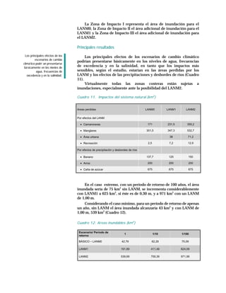 La Zona de Impacto I representa el área de inundación para el
                                   LANM0, la Zona de Impacto II el área adicional de inundación para el
                                   LANM1 y la Zona de Impacto III el área adicional de inundación para
                                   el LANM2.

                                   Principales resultados
  Los principales efectos de los        Los principales efectos de los escenarios de cambio climático
          escenarios de cambio
                                   podrían presentarse básicamente en los niveles de agua, frecuencias
climá tico podrí an presentarse
 bá sicamente en los niveles de
                                   de excedencia y en la salinidad, en tanto que los impactos más
           agua, frecuencias de    sensibles, según el estudio, estarían en las áreas perdidas por los
   excedencia y en la salinidad.   LANM y los efectos de las precipitaciones y desbordes de ríos (Cuadro
                                   11).
                                        Virtualmente todas las zonas costeras están sujetas a
                                   inundaciones, especialmente ante la posibilidad del LANM2.

                                   Cuadro 11. Impactos del sistema natural (km2)


                                   Areas perdidas                                     LANM0         LANM1      LANM2


                                   Por efectos del LANM

                                     • Camaroneras                                     171          231,5       355,2

                                     • Manglares                                      301,5         347,3       532,7

                                     • Área urbana                                                   38         71,2

                                     • Recreación                                      2,5           7,2        12,9

                                   Por efectos de precipitación y desbordes de ríos

                                     • Banano                                         137,7          125         150

                                     • Arroz                                           200           200         200

                                     • Caña de azúcar                                  675           675         675




                                       En el caso extremo, con un período de retorno de 100 años, el área
                                   inundada sería de 75 km2 sin LANM, se incrementa considerablemente
                                   con LANM1 a 625 km2, si éste es de 0,30 m, y a 971 km2 con un LANM
                                   de 1,00 m.
                                       Considerando el caso mínimo, para un período de retorno de apenas
                                   un año, sin LANM el área inundada alcanzaría 43 km2 y con LANM de
                                   1,00 m, 539 km2 (Cuadro 12).

                                   Cuadro 12. Areas inundables (km2)

                                    Escenario/ Período de
                                                                        1                    1/10           1/100
                                    retorno

                                    BÁSICO – LANM0                    42,79              62,29              75,09

                                    LANM1                             191,89             411,49             624,09

                                    LANM2                             539,69             759,39             971,99
 