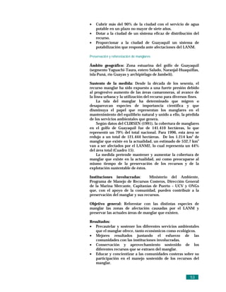 •   Cubrir más del 90% de la ciudad con el servicio de agua
    potable en un plazo no mayor de siete años.
•   Dotar a la ciudad de un sistema eficaz de distribución del
    recurso.
•   Proporcionar a la ciudad de Guayaquil un sistema de
    potabilización que responda ante afectaciones del LANM.

Preservació n y reforestació n de manglares

Ámbito geográfico: Zona estuarina del golfo de Guayaquil
(segmento Yaguachi-Taura, estero Salado, Naranjal-Huaquillas,
isla Puná, río Guayas y archipiélago de Jambelí).

Sustento de la medida: Desde la década de los sesenta, el
recurso manglar ha sido expuesto a una fuerte presión debido
al progresivo aumento de las áreas camaroneras, al avance de
la línea urbana y la utilización del recurso para diversos fines.
     La tala del manglar ha determinado que migren o
desaparezcan especies de importancia científica y que
disminuya el papel que representan los manglares en el
mantenimiento del equilibrio natural y unido a ello, la pérdida
de los servicios ambientales que genera.
     Según datos del CLIRSEN (1991), la cobertura de manglares
en el golfo de Guayaquil fue de 141.410 hectáreas, lo que
representó un 79% del total nacional. Para 1996, esta área se
redujo a un total de 121.444 hectáreas. De los 1.214 km2 de
manglar que existe en la actualidad, un estimado de 532,7 km2
van a ser afectados por el LANM2, lo cual representa un 44%
del área total (Cuadro 15).
     La medida pretende mantener y aumentar la cobertura de
manglar que existe en la actualidad, así como preocuparse al
mismo tiempo de la preservación de los recursos y de la
explotación sustentable de éstos.

Instituciones involucradas:       Ministerio del Ambiente,
Programa de Manejo de Recursos Costeros, Dirección General
de la Marina Mercante, Capitanías de Puerto – UCV y ONGs
que, con el apoyo de la comunidad, pueden contribuir a la
preservación del manglar y sus recursos.

Objetivo general: Reforestar con las distintas especies de
manglar las zonas de afectación causadas por el LANM y
preservar las actuales áreas de manglar que existen.

Resultados:
• Precautelar y sostener los diferentes servicios ambientales
   que el manglar ofrece, tanto económicos como ecológicos.
• Mejores resultados juntando el esfuerzo de las
   comunidades con las instituciones involucradas.
• Conservación y aprovechamiento sostenido de los
   diferentes recursos que se extraen del manglar.
• Educar y concientizar a las comunidades costeras sobre su
   participación en el manejo sostenido de los recursos del
   manglar.


                                                           53
 