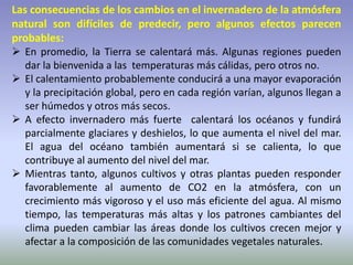 Las consecuencias de los cambios en el invernadero de la atmósfera
natural son difíciles de predecir, pero algunos efectos parecen
probables:
 En promedio, la Tierra se calentará más. Algunas regiones pueden
dar la bienvenida a las temperaturas más cálidas, pero otros no.
 El calentamiento probablemente conducirá a una mayor evaporación
y la precipitación global, pero en cada región varían, algunos llegan a
ser húmedos y otros más secos.
 A efecto invernadero más fuerte calentará los océanos y fundirá
parcialmente glaciares y deshielos, lo que aumenta el nivel del mar.
El agua del océano también aumentará si se calienta, lo que
contribuye al aumento del nivel del mar.
 Mientras tanto, algunos cultivos y otras plantas pueden responder
favorablemente al aumento de CO2 en la atmósfera, con un
crecimiento más vigoroso y el uso más eficiente del agua. Al mismo
tiempo, las temperaturas más altas y los patrones cambiantes del
clima pueden cambiar las áreas donde los cultivos crecen mejor y
afectar a la composición de las comunidades vegetales naturales.
 