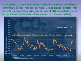En el gráfico, basado en la comparación de muestras atmosféricas
contenidos en los núcleos de hielo y mediciones directas más
recientes, proporciona evidencia de que el CO2 atmosférico se ha
incrementado desde la Revolución Industrial. (Fuente: NOAA).
 