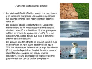 ¿Cómo nos afecta el cambio climático?
• Los efectos del Cambio Climático son muchos, muy diversos
y, en su mayoría, muy graves. Las señales de los cambios
que estamos sufriendo ya se hacen patentes y podemos
verlas en:
• Los casquetes polares se están fundiendo. La superficie
marina cubierta por los hielos árticos en el Polo Norte ha
disminuido en un 10 % en las últimas décadas, y el espesor
del hielo por encima del agua en casi un 40 %. En el otro
lado del mundo, la capa de hielo que cubre el continente
antártico se ha inestabilizado.
• Los glaciares se están retirando. Es probable que el 75 % de
los glaciares de los Alpes suizos desaparezca de aquí a
2050. Los responsables de la estación de esquí de Andermatt
(Suiza) estudian la posibilidad de cubrir durante el verano el
glaciar Gurschen, una zona muy popular entre los
esquiadores, con una gigantesca hoja de plástico aislante
para conseguir que deje de fundirse y desplazarse.
 