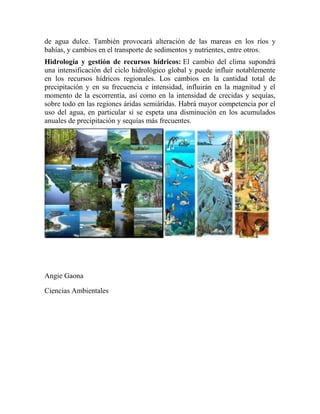 de agua dulce. También provocará alteración de las mareas en los ríos y
bahías, y cambios en el transporte de sedimentos y nutrientes, entre otros.
Hidrología y gestión de recursos hídricos: El cambio del clima supondrá
una intensificación del ciclo hidrológico global y puede influir notablemente
en los recursos hídricos regionales. Los cambios en la cantidad total de
precipitación y en su frecuencia e intensidad, influirán en la magnitud y el
momento de la escorrentía, así como en la intensidad de crecidas y sequías,
sobre todo en las regiones áridas semiáridas. Habrá mayor competencia por el
uso del agua, en particular si se espeta una disminución en los acumulados
anuales de precipitación y sequías más frecuentes.
Angie Gaona
Ciencias Ambientales
 
