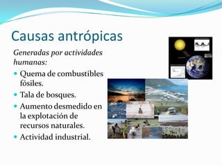 Causas antrópicas
Generadas por actividades
humanas:
 Quema de combustibles
fósiles.
 Tala de bosques.
 Aumento desmedido en
la explotación de
recursos naturales.
 Actividad industrial.
 