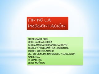 FIN DE LA
PRESENTACIÓN
PRESENTADO POR:
SIRLE GARCIA CORREA
MELISA MAURA HERNANDEZ ARROYO
TEORIA Y PROBLEMÁTICA AMBIENTAL
TUTOR: EDITH CADAVID
LIC. EN CIENCIAS NATURALES Y EDUCACION
AMBIENTAL
IV SEMESTRE
SERES MOÑITOS
 