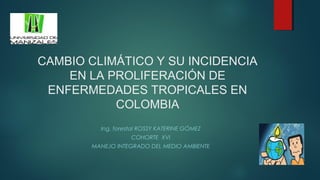 CAMBIO CLIMÁTICO Y SU INCIDENCIA
EN LA PROLIFERACIÓN DE
ENFERMEDADES TROPICALES EN
COLOMBIA
Ing. forestal ROSSY KATERINE GÓMEZ
COHORTE XVI
MANEJO INTEGRADO DEL MEDIO AMBIENTE
 