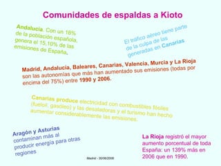 Madrid, Andalucía, Baleares, Canarias, Valencia, Murcia y La Rioja  son las autonomías que más han aumentado sus emisiones (todas por encima del 75%) entre  1990 y 2006.   Comunidades de espaldas a Kioto Aragón y Asturias  contaminan más al producir energía para otras regiones El tráfico aéreo tiene parte de la culpa de las generadas en  Canarias Andalucía . Con un 18% de la población española, genera el 15,10% de las emisiones de España .  La Rioja  registró el mayor aumento porcentual de toda España: un 139% más en 2006 que en 1990.  Madrid -  30/06/2008 Canarias produce  electricidad con combustibles fósiles (fueloil, gasóleo) y las desaladoras y el turismo han hecho aumentar considerablemente las emisiones.  