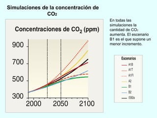 En todas las simulaciones la cantidad de CO 2  aumenta. El escenario B1 es el que supone un menor incremento. Simulaciones de la concentración de CO 2   