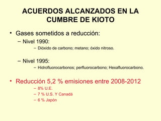 ACUERDOS ALCANZADOS EN LA CUMBRE DE KIOTO Gases sometidos a reducción: Nivel 1990: Dióxido de carbono; metano; óxido nitroso. Nivel 1995: Hidrofluorocarbonos; perfluorocarbono; Hexafluorocarbono. Reducción 5,2 % emisiones entre 2008-2012 8% U.E.  7 % U.S. Y Canadá 6 % Japón 