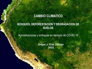 CAMBIO CLIMATICO
BOSQUES, DEFORESTACION Y DEGRADACION DE
SUELOS
Aproximaciones y enfoques en tiempos de COVID 19
Edgar J. Díaz Zúñiga
2022
 