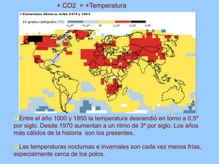 + CO2 = +Temperatura




Entre el año 1000 y 1850 la temperatura descendió en torno a 0,5º
por siglo. Desde 1970 aumentan a un ritmo de 3º por siglo. Los años
más cálidos de la historia son los presentes.

Las temperaturas nocturnas e invernales son cada vez menos frías,
especialmente cerca de los polos.
 