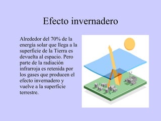 Efecto invernadero Alrededor del 70% de la energía solar que llega a la superficie de la Tierra es devuelta al espacio. Pero parte de la radiación infrarroja es retenida por los gases que producen el efecto invernadero y vuelve a la superficie terrestre.  