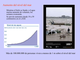 Mientras el hielo se funda y el agua marina aumente de volumen, los océanos avanzarán.  Se prevén aumentos desde 19 a 59 centímetros en el s.XXI Aumento del nivel del mar Más de 100.000.000 de personas viven a menos de 1 m sobre el nivel del mar 