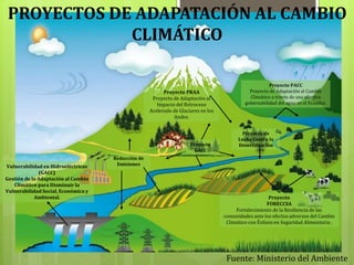 Proyecto
FORECCSA
Fortalecimiento de la Resiliencia de las
comunidades ante los efectos adversos del Cambio
Climático con Énfasis en Seguridad Alimentaria .
Vulnerabilidad en Hidroeléctricas
(GACC)
Gestión de la Adaptación al Cambio
Climático para Disminuir la
Vulnerabilidad Social, Económica y
Ambiental.
Proyecto de
Lucha Contra la
Desertificación
Proyecto PRAA
Proyecto de Adaptación al
Impacto del Retroceso
Acelerado de Glaciares en los
Andes.
Proyecto PACC
Proyecto de Adaptación al Cambio
Climático a través de una efectiva
gobernabilidad del agua en el Ecuador.
Reducción de
Emisiones
Proyecto
GACC
Fuente: Ministerio del Ambiente
PROYECTOS DE ADAPATACIÓN AL CAMBIO
CLIMÁTICO
 