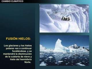 FUSIÓN HIELOS:   Los glaciares y los hielos polares van a continuar fundiéndose, y se mantendrá la disminución de la cubierta de nieve y hielo del hemisferio Norte.  
