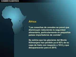 África:  "Las cosechas de cereales se prevé que disminuyan reduciendo la seguridad alimentaria, particularmente en pequeños países importadores de comida".  Se estima que los glaciares del Monte Kilimanjaro han perdido ya el 82% de su capa de hielo con respecto a 1912 y que desaparecerán para el 2015.  