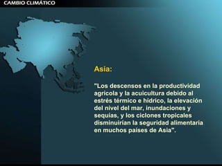 Asia:   "Los descensos en la productividad agrícola y la acuicultura debido al estrés térmico e hídrico, la elevación del nivel del mar, inundaciones y sequías, y los ciclones tropicales disminuirían la seguridad alimentaria en muchos países de Asia".  