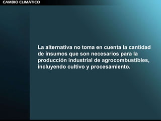 La alternativa no toma en cuenta la cantidad de insumos que son necesarios para la producción industrial de agrocombustibles, incluyendo cultivo y procesamiento.  