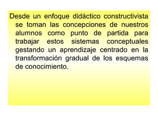 Desde un enfoque didáctico constructivista 
se toman las concepciones de nuestros 
alumnos como punto de partida para 
trabajar estos sistemas conceptuales 
gestando un aprendizaje centrado en la 
transformación gradual de los esquemas 
de conocimiento. 
 
