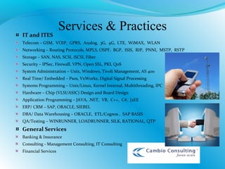 IT and ITES
Telecom – GSM, VOIP, GPRS, Analog, 3G, 4G, LTE, WiMAX, WLAN
Networking – Routing Protocols, MPLS, OSPF, BGP, ISIS, RIP, PNNI, MSTP, RSTP
Storage – SAN, NAS, SCSI, iSCSI, Fiber
Security – IPSec, Firewall, VPN, Open SSL, PKI, QoS
System Administration – Unix, Windows, Tivoli Management, AS 400
Real Time/ Embedded – Psos, VxWorks, Digital Signal Processing
Systems Programming – Unix/Linux, Kernel Internal, Multithreading, IPC
Hardware – Chip (VLSI/ASIC) Design and Board Design
Application Programming – JAVA, .NET, VB, C++, C#, J2EE
ERP/ CRM – SAP, ORACLE, SIEBEL
DBA/ Data Warehousing – ORACLE, ETL/Cognos , SAP BASIS
QA/Testing – WINRUNNER, LOADRUNNER, SILK, RATIONAL, QTP
General Services
Banking & Insurance
Consulting - Management Consulting, IT Consulting
Financial Services
Services & Practices
 