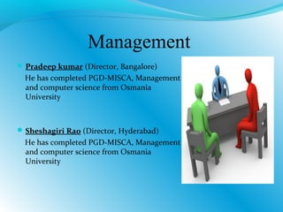 Management
Pradeep kumar (Director, Bangalore)
He has completed PGD-MISCA, Management
and computer science from Osmania
University
Sheshagiri Rao (Director, Hyderabad)
He has completed PGD-MISCA, Management
and computer science from Osmania
University
 
