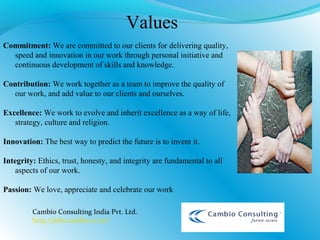 Values
Commitment: We are committed to our clients for delivering quality,
speed and innovation in our work through personal initiative and
continuous development of skills and knowledge.
Contribution: We work together as a team to improve the quality of
our work, and add value to our clients and ourselves.
Excellence: We work to evolve and inherit excellence as a way of life,
strategy, culture and religion.
Innovation: The best way to predict the future is to invent it.
Integrity: Ethics, trust, honesty, and integrity are fundamental to all
aspects of our work.
Passion: We love, appreciate and celebrate our work
Cambio Consulting India Pvt. Ltd.
http://jobs.cambio.co.in/
 