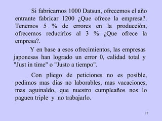 Si fabricarnos 1000   Datsun, ofrecemos el a ñ o   entrante fabricar 1200  ¿ Que ofrece la empresa?.   Tenemos 5 % de errores en la producción, ofrecemos   reducirlos al 3 %  ¿ Que   ofrece la empresa?. Con pliego de peticiones no es   posible ,  pedimos   mas días no laborables,   mas   vacaciones, mas aguinaldo, que  nuestro  cumpleaños  nos  lo   paguen   triple   y  no trabajarlo. Y en base   a esos   ofrecimientos, las empresas japonesas   han logrado un error 0, calidad total y "Just in   time" o "Justo a tiempo".   