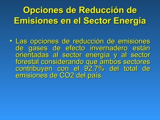 Opciones de Reducción de
 Emisiones en el Sector Energía

• Las opciones de reducción de emisiones
  de gases de efecto invernadero están
  orientadas al sector energía y al sector
  forestal considerando que ambos sectores
  contribuyen con el 92.7% del total de
  emisiones de CO2 del país.
 