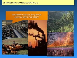 EL PROBLEMA: CAMBIO CLIMÁTICO -2




        Actividades humanas que generan
           gases de efecto invernadero


                                                 Agricultura




         Transporte

                               Industrias     Uso de la Tierra



         Ganadería
                                            Consumo de Energía
 