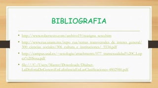 BIBLIOGRAFIA
• http://www.robertexto.com/archivo19/reasigna_sexo.htm
• http://www.rua.unam.mx/repo_rua/temas_transversales_de_interes_general/
300_ciencias_sociales/306_cultura_e_instituciones/_5534.pdf
• http://campus.usal.es/~sexologia/attachments/077_transexualidad%20C.Lop
ez%20Sosa.pdf
• file:///C:/Users/Master/Downloads/Dialnet-
LaDisforiaDeGeneroEnLaInfanciaEnLasClasificaciones-4802980.pdf
 