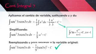 Cont. Integral 3
Simplificando:
Reemplazando u para regresar a la variable original:
Aplicamos el cambio de variable, sustituyendo u y du:
1
n
,
C
1
n
u
du
u
1
n
n

 