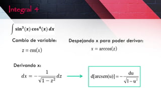 Cambio de variable:
Derivando x:
Despejando x para poder derivar:
2
u
1
du
arcsen(u)]
[
d
Integral 4
 