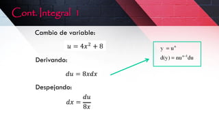 Cont. Integral 1
Cambio de variable:
Derivando:
Despejando:
 