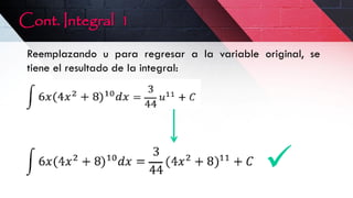 Cont. Integral 1
Reemplazando u para regresar a la variable original, se
tiene el resultado de la integral:

 