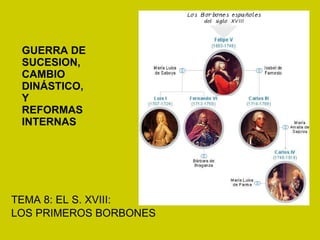 GUERRA DE SUCESION, CAMBIO DINÁSTICO,  Y REFORMAS INTERNAS TEMA 8: EL S. XVIII: LOS PRIMEROS BORBONES 