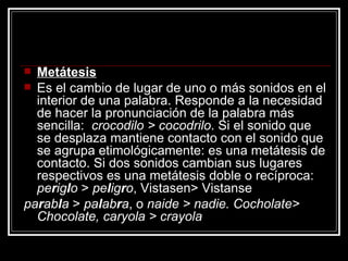 Metátesis Es el cambio de lugar de uno o más sonidos en el interior de una palabra. Responde a la necesidad de hacer la pronunciación de la palabra más sencilla:  crocodilo > cocodrilo . Si el sonido que se desplaza mantiene contacto con el sonido que se agrupa etimológicamente: es una metátesis de contacto. Si dos sonidos cambian sus lugares respectivos es una metátesis doble o recíproca:  pe r ig l o  >  pe l ig r o , Vistasen> Vistanse pa r ab l a  >  pa l ab r a , o  naide > nadie. Cocholate> Chocolate, caryola > crayola 