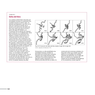 Cuadro 8.1.

  Delta del Ebro
  Los cambios ambientales inducidos por
  actividades humanas no solamente han
  sucedido durante el último siglo. Un
  ejemplo paradigmático que esto no ha
  sido así lo aporta el estudio de la
  dinámica de sedimentos del delta del
  Ebro que indica que éste se formó a
  partir del siglo XVI debido a un
                                                                 1522                    1586                    1609                 1631
  incremento de los aportes de material
  particulado por el río (Maldonado 1972).
  Este incremento de sedimentos fue
  debido a cambios importantes en la
  utilización del territorio en toda la
  cuenca del Ebro, que conllevaron una
  disminución de la masa forestal de ésta,
  y, por lo tanto, aumentaron la erosión.
  Por ejemplo, anteriormente la región de                        1776                    1834                    1858                 1972
  los Monegros en Aragón estaba ocupada
  por grandes extensiones de bosques. La      Fig. 8.10. Evolución del delta del Ebro desde el siglo XVI al siglo XX.
  tala de árboles para su uso en la           Fuente: adaptado de Maldonado 1972.
  construcción de buques, etc., y el
  incremento de las zonas agrícolas
  conllevo una mayor erosión, y por lo        formaciones y su alta sensibilidad a las           construcción de numerosos embalses a lo
  tanto, un incremento del material           actividades humanas, también se                    largo del río Ebro que impiden que éste
  particulado que llegaba al mar, que en      demuestra por la lenta pero constante              aporte en la actualidad una cantidad
  un periodo de tres siglos permitió la       regresión que el delta del Ebro está               suficiente de sedimentos. Así, el delta del
  formación del delta del Ebro, tal como lo   sufriendo en los últimos decenios. Este            Ebro y su historia es un ejemplo del
  conocemos actualmente (ver figura           segundo cambio importante en la                    impacto de las actividades antropogénicas
  8.10.). El carácter dinámico de estas       dinámica del delta del Ebro se debe a la           en los ecosistemas a escala regional.




124
 