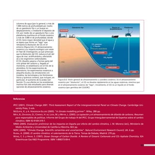 columna de agua (por lo general, a más de
   1.000 metros de profundidad) por medio
   de un gasoducto fijo o un buque en
   desplazamiento, o mediante el depósito de
   CO2 por medio de un gasoducto fijo o una
   plataforma marítima en el fondo oceánico
   a más de 3.000 m de profundidad, donde
   el CO2 tiene mayor densidad que el agua y
   se espera que forme un “lago” que
   retrasaría la disolución de CO2 en el
   entorno (figura 6.6.). El almacenamiento
   oceánico y su impacto ecológico aún están
   en fase de investigación, ya que preocupa
   que la disolución del CO2 reduzca el pH del
   agua de mar, acidificándola y afectando
   así a los organismos carbonatados.
   El CO2 disuelto pasaría a formar parte del
   ciclo global del carbono y, llegado el
   momento, se estabilizaría con el CO2 de la
   atmósfera. En los experimentos de
   laboratorio, los experimentos oceánicos a
   pequeña escala y las simulaciones con
   modelos, las tecnologías y los fenómenos
   físicos y químicos conexos, que incluyen, en
   particular, el aumento de la acidez (ver       Figura 6.6. Visión general de almacenamiento o sumidero oceánico. En el almacenamiento
   Sección 7) y sus efectos en los ecosistemas    oceánico por “disolución”, el CO2 se disuelve rápidamente en las aguas oceánicas, mientras que
   marinos han sido estudiados para diversas      en el almacenamiento oceánico de “lago”, inicialmente, el CO2 es un líquido en el fondo
   opciones de almacenamiento oceánico.           oceánico (por gentileza del CO2CRC).




Referencias

IPCC (2001). Climate Change 2001. Third Assessment Report of the Intergovernmental Panel on Climate Change. Cambridge Uni-
  versity Press, 3 vols.
MCGUFFIE, K. y A. HENDERSON-SELLERS (2005). “A climate modelling primer”. Wiley. 280 pp.
METZ, B.; DAVIDSON, O.; CONINCK, H. DE; LOOS, M. y MEYER, L. (2005). La captación y el almacenamiento de dióxido de carbono. Resumen
  para responsables de políticas. Informe del Grupo de trabajo III del IPCC. Grupo Intergubernamental de Expertos sobre el cambio
  climático. ISBN 92-9169-319-7.
MMA (2005). Evaluación preliminar de los impactos en España por efecto del cambio climático, J. M. Moreno (ed.), Ministerio de
  Medio Ambiente y Universidad de Castilla-La Mancha. 822 pp.
NERC (2005). “Climate Change. Scientific certainties and uncertainties”. Natural Environment Research Council, UK. 6 pp.
RIVERA, A. (2000). El cambio climático: el calentamiento de la Tierra. Temas de Debate, Madrid. 270 pp.
WONG, C. S. y HIRAIR, S. (1997). Ocean Storage of Carbon Doxide. A Review of Oceanic Carbonate and CO2 Hydrate Chemistry. IEA
  Greenhouse Gas R&D Programme. ISBN 1-898373-09-4.

                                                                                                                                                   83
 