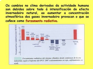 Os cambios no clima derivados da actividade humana
son debidos sobre todo á intensificación do efecto
invernadoiro natural, ao aumentar a concentración
atmosférica dos gases invernadoiro provocan o que se
coñece como forzamento radiativo.
                        radiativo
 
