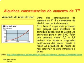 Algunhas consecuencias do aumento de Tª
 Aumento do nivel do mar           Unha     das    consecuencias     do
                                   aumento de Tª é o elevamento do
                                   nivel do mar en todo o mundo.
                                   Este tema é o que máis preocupa
                                   aos galegos pois afectaría ás
                                   principais poboacións de Galicia. As
                                   previsións para o ano 2100 falan
                                   dun aumento entre 0,5 e 1,4
                                   metros isto supón a progresiva
                                   destrucción das praias, dando a
                                   razón ás previsións da Xunta de
                                   non construír na zona inmediata á
                                   beira.
Video http://www.elmundo.es/elmundo/2011/02/24/andalucia_malaga/1298554662.html

  I.E.S. Otero Pedrayo.
         Ourense
 