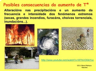 Posibles consecuencias do aumento de Tª
Alteracións nas precipitacións e un aumento da
frecuencia e intensidade dos fenómenos extremos
(secas, grandes incendios, furacáns, choivas torrenciais,
inundacións...).




                       http://www.youtube.com/watch?v=WYbVO0ikYxc

                                                   I.E.S. Otero Pedrayo.
                                                          Ourense
 