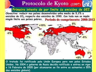 (1997)
     Primeiro intento de por límite ás emisións de GEI
Obxectivo: reducir nos países desenvolvidos unha media de 5,2% a
emisións de CO2 respecto das emisións de 1990. Con todo non se impón
ningún límite aos países pobres. Período de cumprimento: 2008-2012




O tratado foi ratificado pola Unión Europea pero non polos Estados
Unidos. No 2004 o goberno de Rusia decidiu ratificalo e entrou en vigor
o 16 Febreiro do 2005 (por alcanzarse ao fin entre os asinantes o 55%
das emisións globais).
 