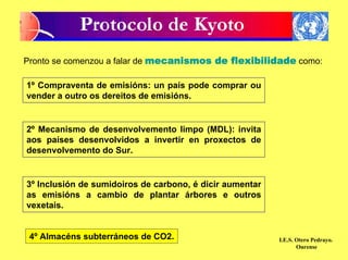 Pronto se comenzou a falar de mecanismos de flexibilidade como:

1º Compraventa de emisións: un país pode comprar ou
vender a outro os dereitos de emisións.


2º Mecanismo de desenvolvemento limpo (MDL): invita
aos países desenvolvidos a invertir en proxectos de
desenvolvemento do Sur.


3º Inclusión de sumidoiros de carbono, é dicir aumentar
as emisións a cambio de plantar árbores e outros
vexetais.


 4º Almacéns subterráneos de CO2.                         I.E.S. Otero Pedrayo.
                                                                 Ourense
 