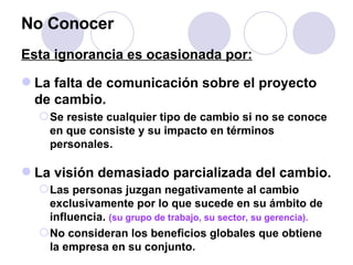 No Conocer Esta ignorancia es ocasionada por: La falta de comunicación sobre el proyecto de cambio.  Se resiste cualquier tipo de cambio si no se conoce en que consiste y su impacto en términos personales. La visión demasiado parcializada del cambio.  Las personas juzgan negativamente al cambio exclusivamente por lo que sucede en su ámbito de influencia.  (su grupo de trabajo, su sector, su gerencia). No consideran los beneficios globales que obtiene la empresa en su conjunto. 