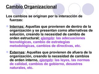 Cambio Organizacional Los cambios se originan por la interacción de fuerzas: Internas:  Aquellas que provienen de dentro de la organización y se presentan como alternativas de solución, creando la necesidad de cambio de orden estructural;  ejemplo : las adecuaciones tecnológicas, cambio de estrategias metodológicas, cambios de directivas, etc. Externas : Aquellas que provienen de afuera de la organización, creando la necesidad de cambios de orden interno,  ejemplo : las leyes, las normas de calidad, cambios de gobierno, desastres naturales, etc.  