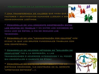 •Mejoramiento de la competencia interpersonal. 
• Una transferencia de valoresque haga que los factores y sentimientos humanos lleguen a ser considerados legítimos. 
• Desarrollo de una creciente comprensión entre los grupos de trabajoy en entre los miembros de cada uno de éstos, a fin de reducir las tensiones. 
• Desarrollo de una "administración por equipos"más eficaz ya que los grupos funcionales trabajan con más competencia. 
• Desarrollo de mejores métodos de "solución de conflictos"(no a la represión, a las transacciones o acuerdos intermedios y al poder sin escrúpulos o carente de ética). 
• Desarrollo de sistemas orgánicos en vez de sistemas mecánicos. (lo contrario de el gerente "apretando botones"...).  