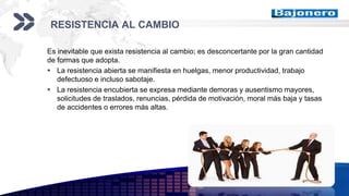 Add your company slogan
LOGO
RESISTENCIA AL CAMBIO
Es inevitable que exista resistencia al cambio; es desconcertante por la gran cantidad
de formas que adopta.
 La resistencia abierta se manifiesta en huelgas, menor productividad, trabajo
defectuoso e incluso sabotaje.
 La resistencia encubierta se expresa mediante demoras y ausentismo mayores,
solicitudes de traslados, renuncias, pérdida de motivación, moral más baja y tasas
de accidentes o errores más altas.
 