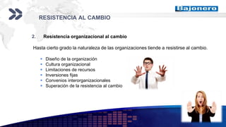 Add your company slogan
LOGO
RESISTENCIA AL CAMBIO
2. Resistencia organizacional al cambio
Hasta cierto grado la naturaleza de las organizaciones tiende a resistirse al cambio.
 Diseño de la organización
 Cultura organizacional
 Limitaciones de recursos
 Inversiones fijas
 Convenios interorganizacionales
 Superación de la resistencia al cambio
 